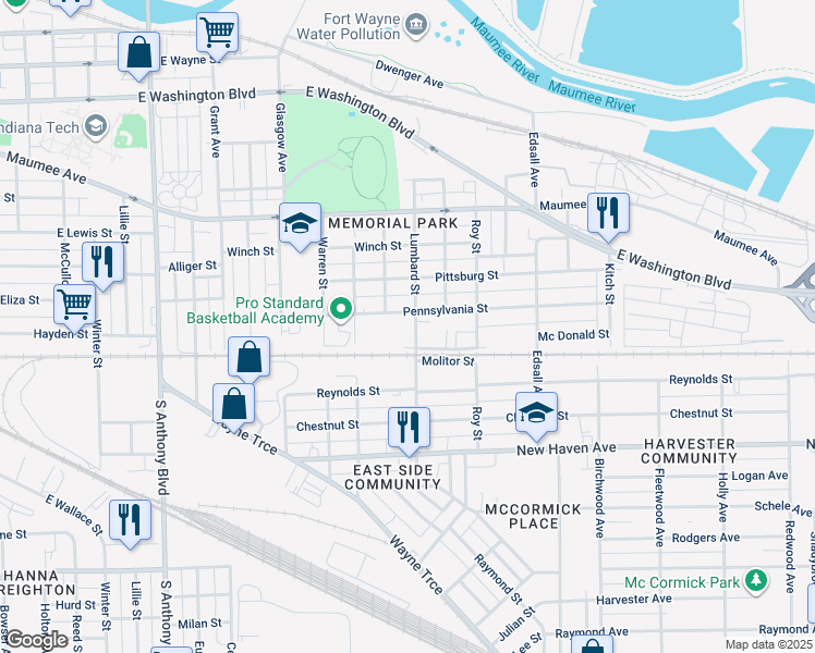 map of restaurants, bars, coffee shops, grocery stores, and more near 1516 Lumbard Street in Fort Wayne