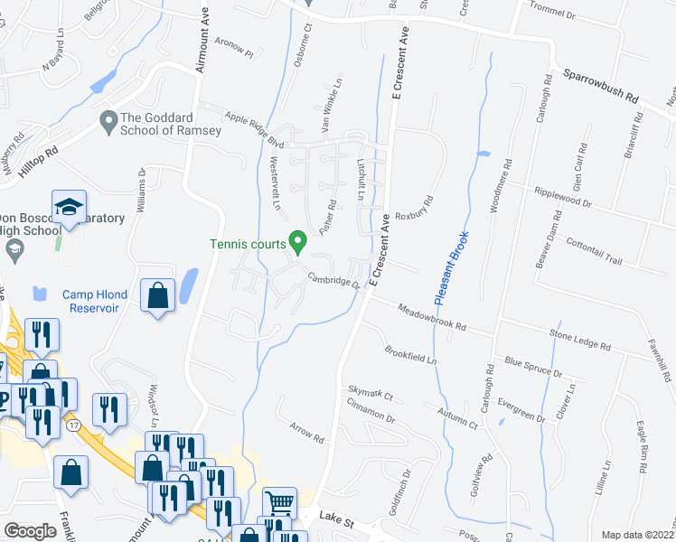 map of restaurants, bars, coffee shops, grocery stores, and more near 101 Surrey Court in Ramsey