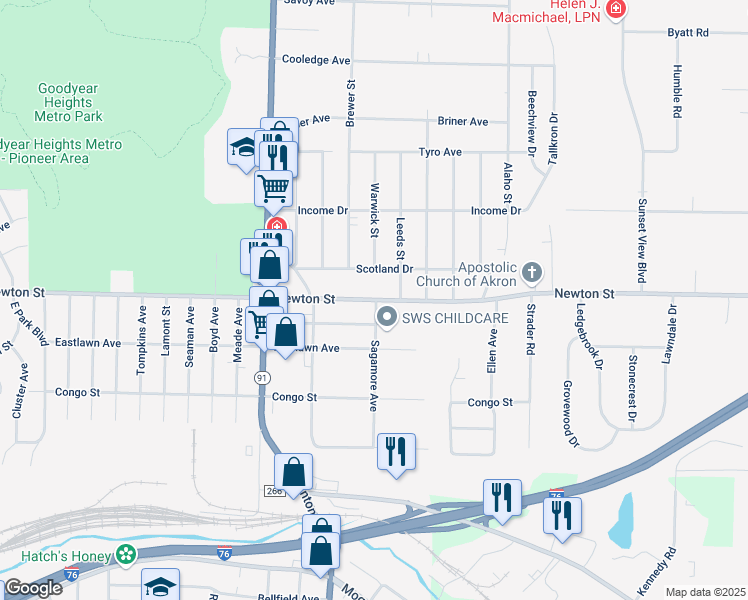 map of restaurants, bars, coffee shops, grocery stores, and more near 2375 Newton Street in Akron