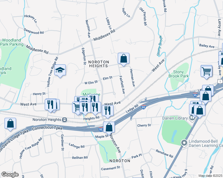 map of restaurants, bars, coffee shops, grocery stores, and more near 15 Allen-O'Neill Drive in Darien
