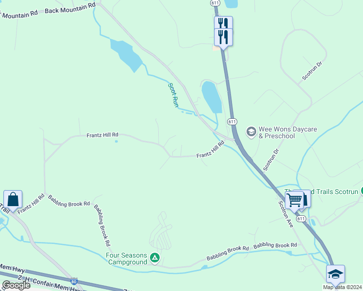 map of restaurants, bars, coffee shops, grocery stores, and more near 323 Frantz Hill Road in Monroe County
