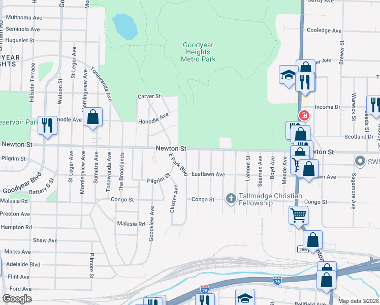 map of restaurants, bars, coffee shops, grocery stores, and more near 1994 Newton Street in Akron