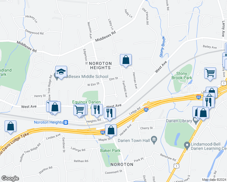 map of restaurants, bars, coffee shops, grocery stores, and more near 13 Allen-O'Neill Drive in Darien