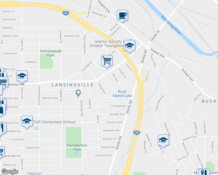 map of restaurants, bars, coffee shops, grocery stores, and more near 2652 Hunter Avenue in Youngstown