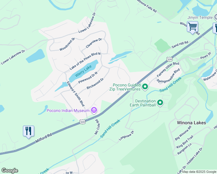 map of restaurants, bars, coffee shops, grocery stores, and more near 5109 Pine Ridge Road North in East Stroudsburg