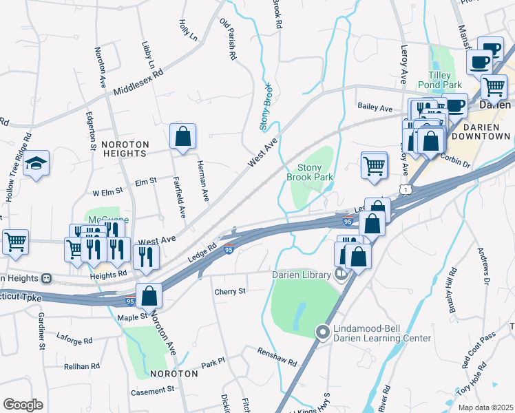 map of restaurants, bars, coffee shops, grocery stores, and more near 50 Ledge Road in Darien