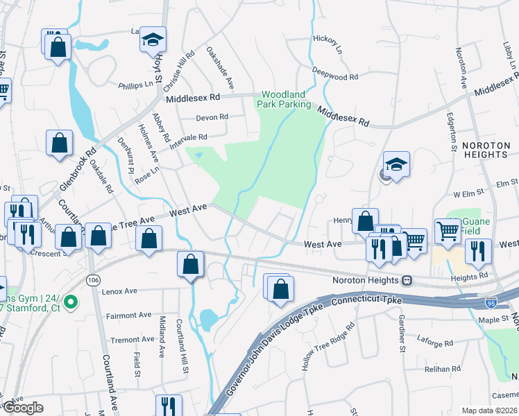 map of restaurants, bars, coffee shops, grocery stores, and more near 39 Hazel Street in Darien
