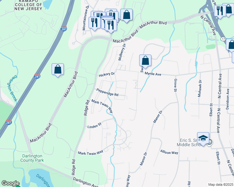 map of restaurants, bars, coffee shops, grocery stores, and more near 806 Sassafras Court in Mahwah