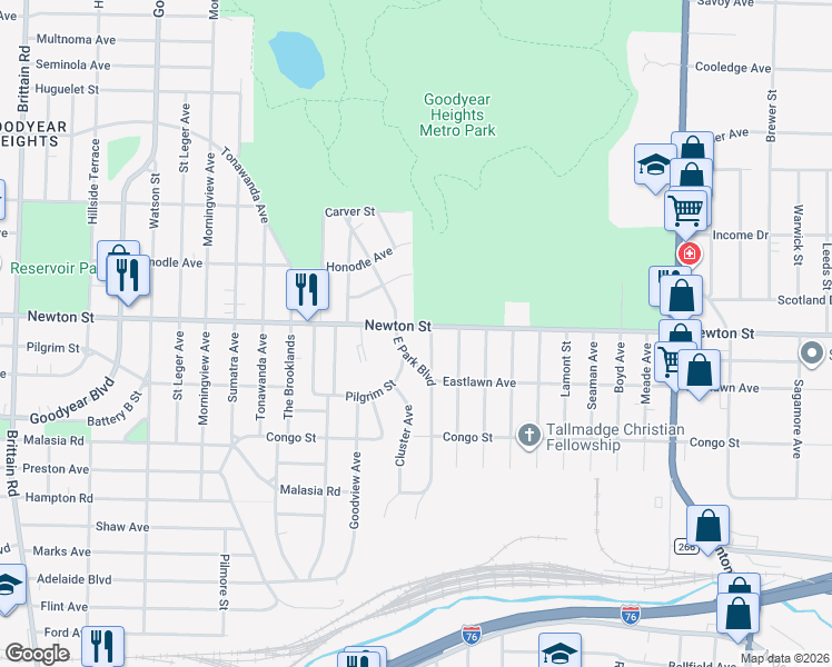 map of restaurants, bars, coffee shops, grocery stores, and more near 1994 Newton Street in Akron