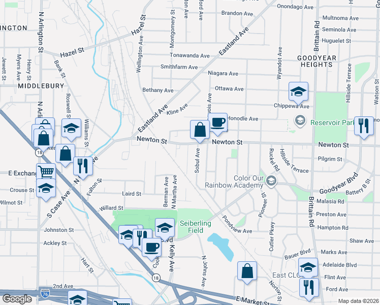 map of restaurants, bars, coffee shops, grocery stores, and more near 1245 Newton Street in Akron