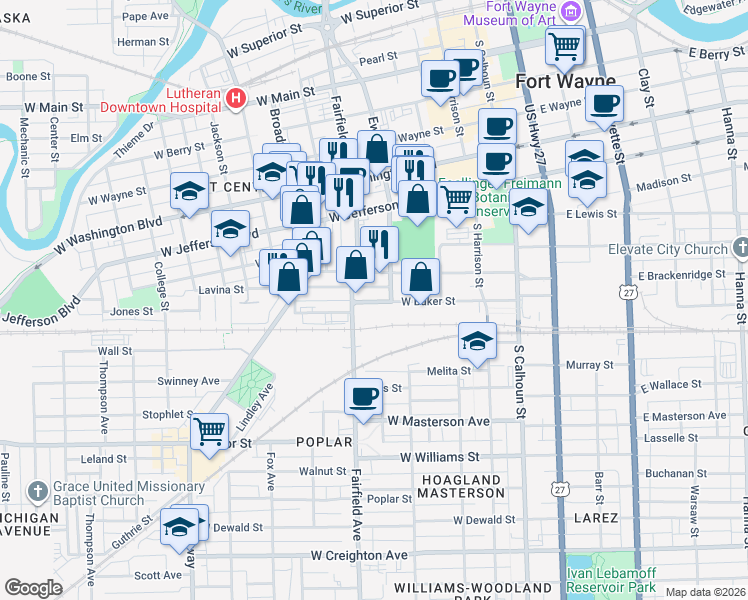map of restaurants, bars, coffee shops, grocery stores, and more near 419 West Brackenridge Street in Fort Wayne