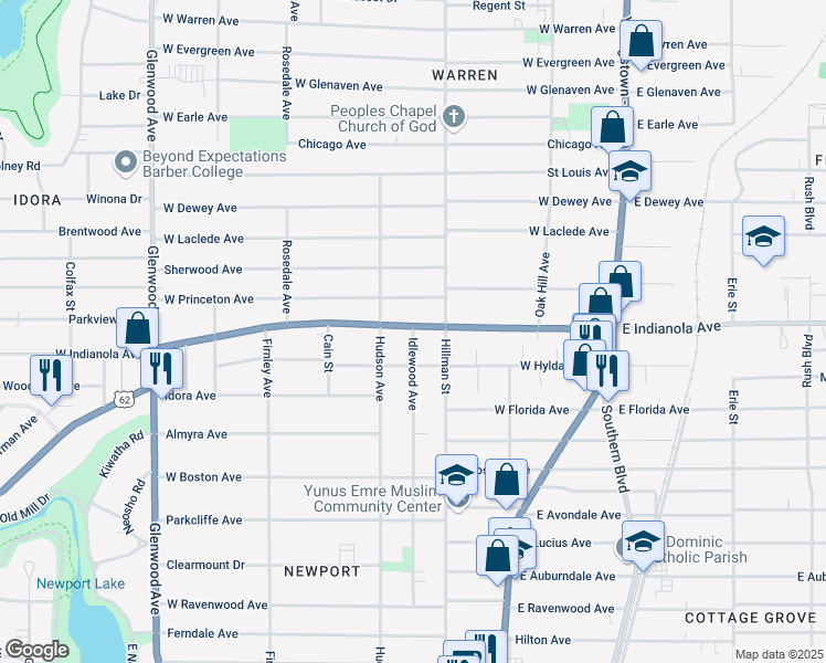 map of restaurants, bars, coffee shops, grocery stores, and more near 2711 Idlewood Avenue in Youngstown
