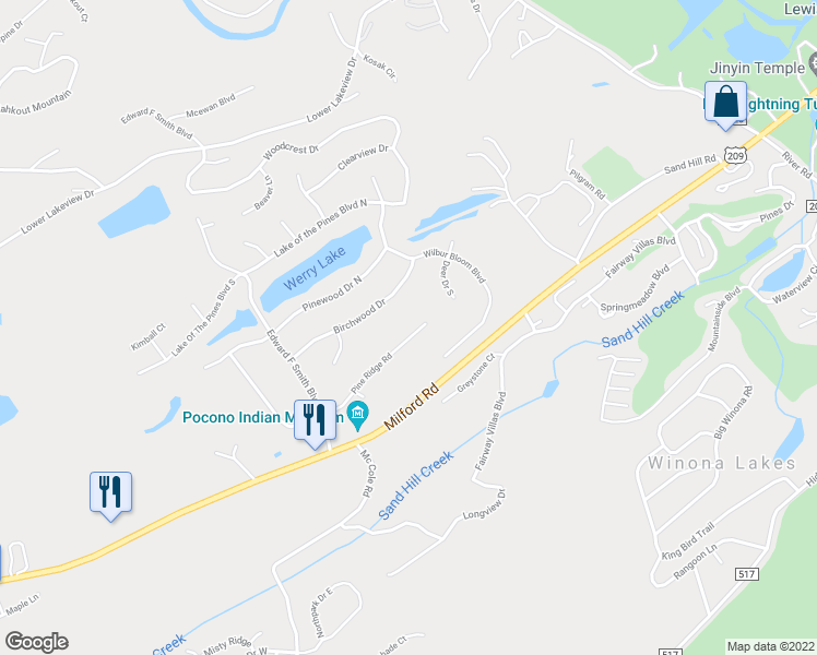 map of restaurants, bars, coffee shops, grocery stores, and more near 5109 Pine Ridge Road North in East Stroudsburg