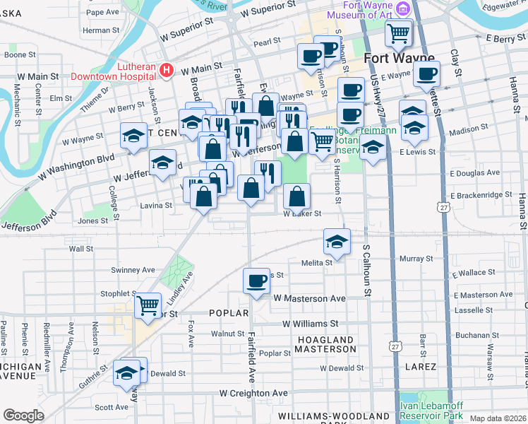 map of restaurants, bars, coffee shops, grocery stores, and more near 419 West Brackenridge Street in Fort Wayne