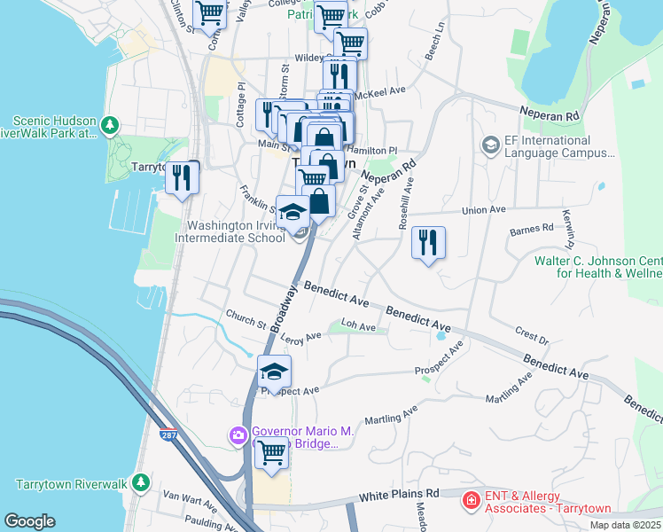 map of restaurants, bars, coffee shops, grocery stores, and more near 104 Grove Street in Tarrytown