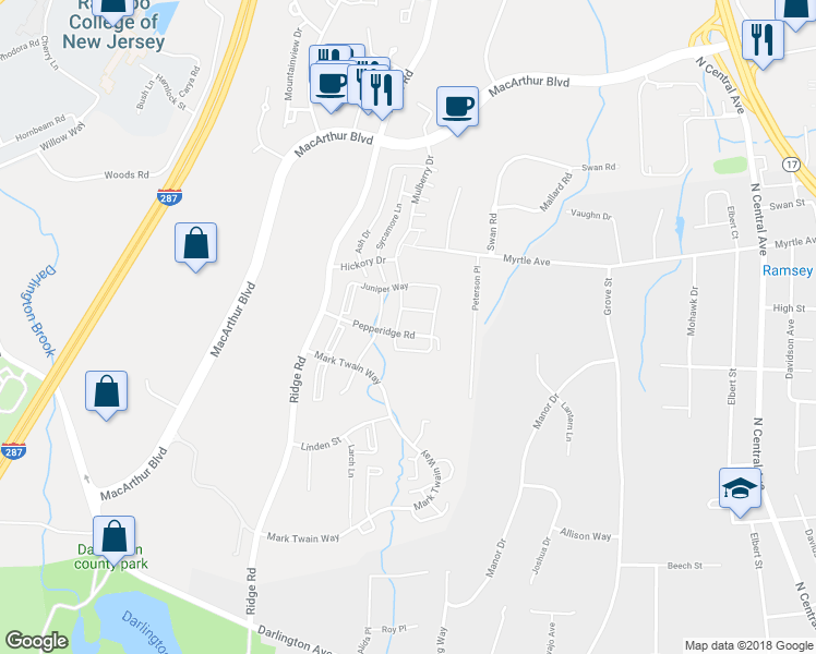 map of restaurants, bars, coffee shops, grocery stores, and more near 751 Pepperidge Road in Mahwah