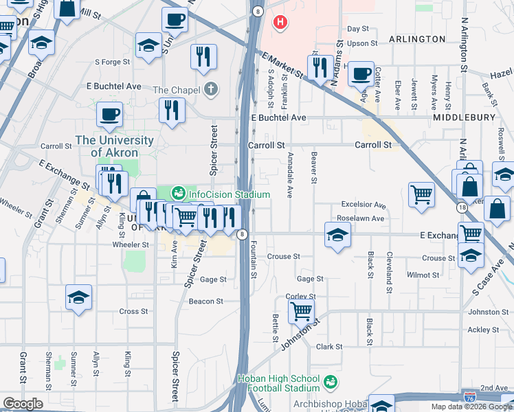 map of restaurants, bars, coffee shops, grocery stores, and more near 277 Fountain Street in Akron
