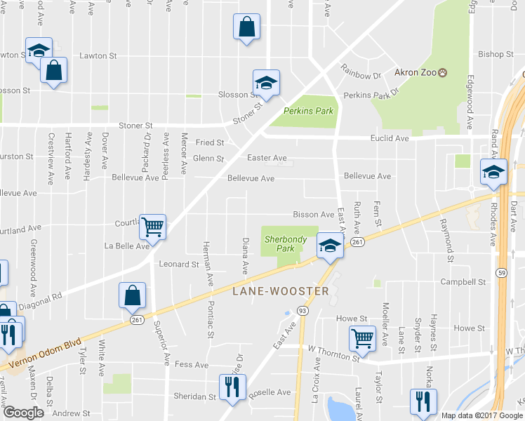 map of restaurants, bars, coffee shops, grocery stores, and more near 823 Bisson Avenue in Akron