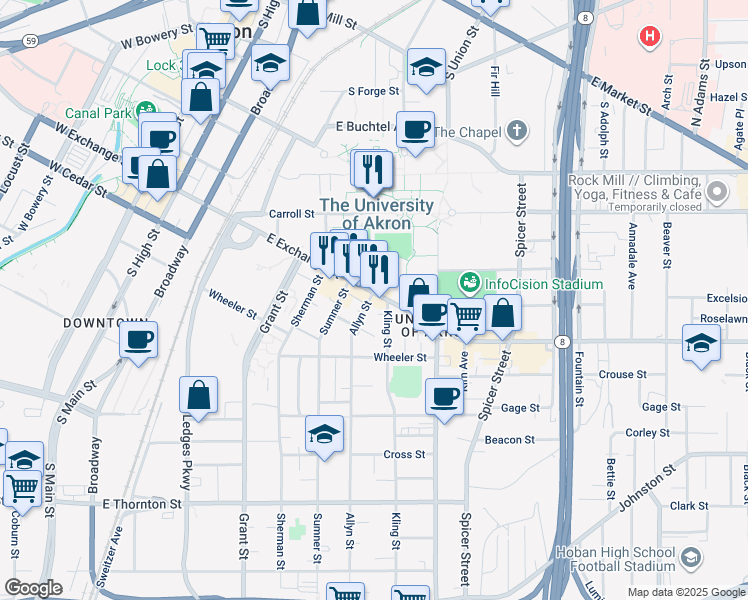 map of restaurants, bars, coffee shops, grocery stores, and more near 282 East Exchange Street in Akron
