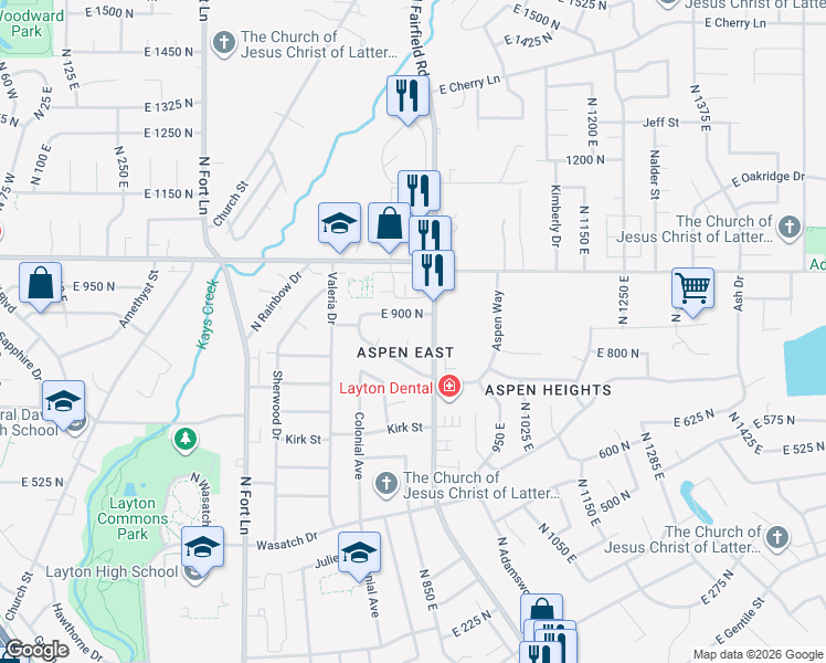 map of restaurants, bars, coffee shops, grocery stores, and more near 814 Aspen East Drive in Layton