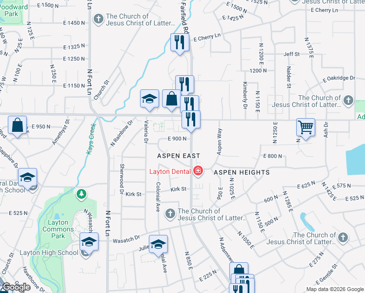 map of restaurants, bars, coffee shops, grocery stores, and more near 814 Aspen East Drive in Layton