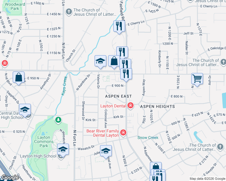 map of restaurants, bars, coffee shops, grocery stores, and more near 734 Aspen East Drive in Layton
