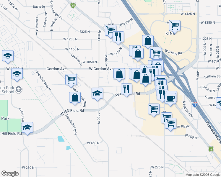 map of restaurants, bars, coffee shops, grocery stores, and more near 1074 West Hill Field Road in Layton