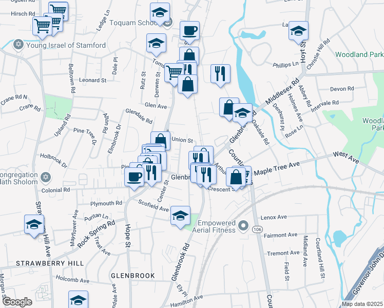 map of restaurants, bars, coffee shops, grocery stores, and more near 49 Union Street in Stamford