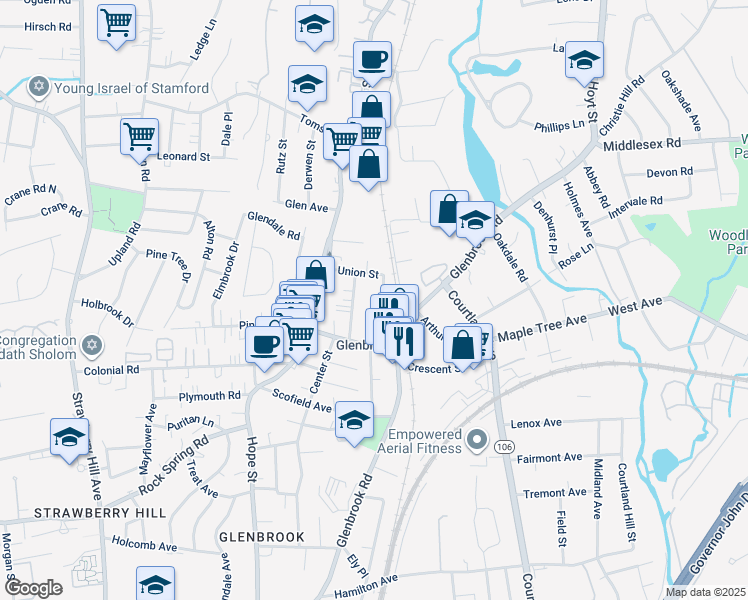 map of restaurants, bars, coffee shops, grocery stores, and more near 49 Union Street in Stamford