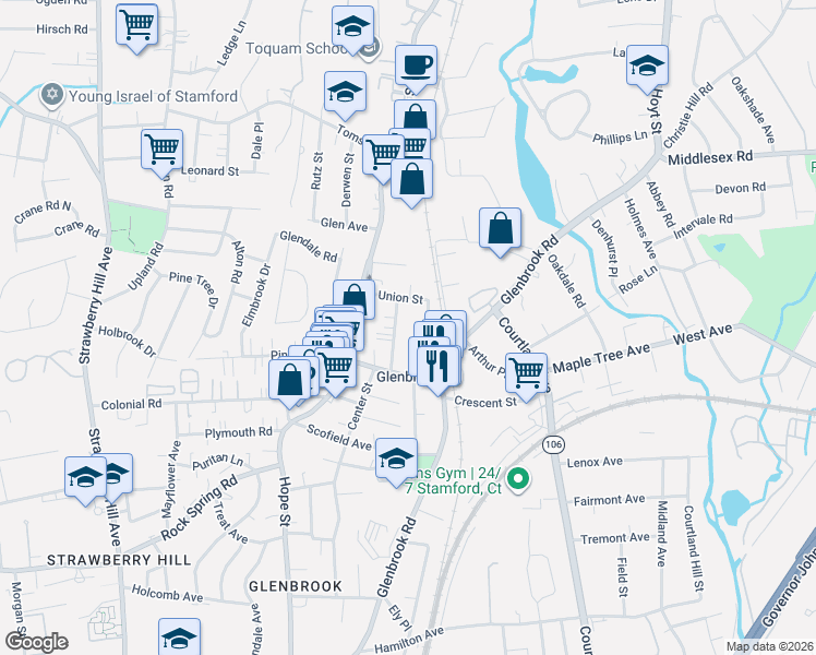 map of restaurants, bars, coffee shops, grocery stores, and more near 56 Elm Tree Place in Stamford