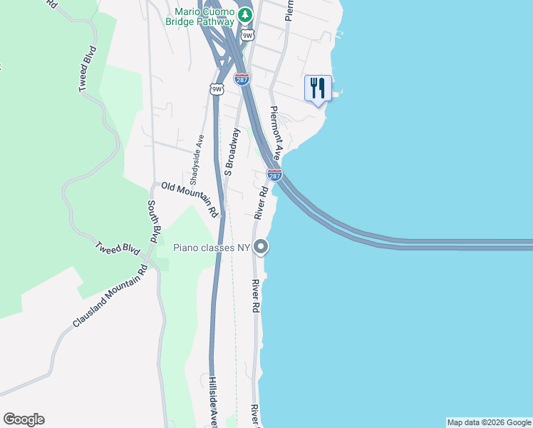 map of restaurants, bars, coffee shops, grocery stores, and more near 28 River Road in Nyack