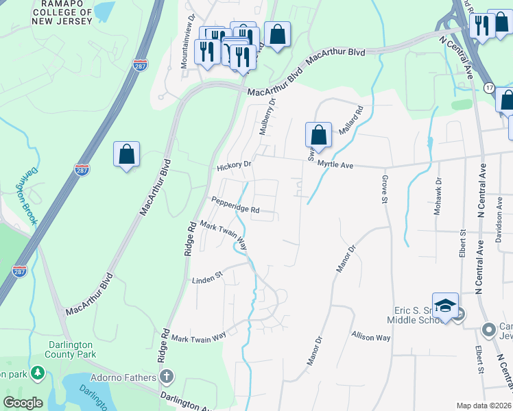 map of restaurants, bars, coffee shops, grocery stores, and more near 806 Sassafras Court in Mahwah