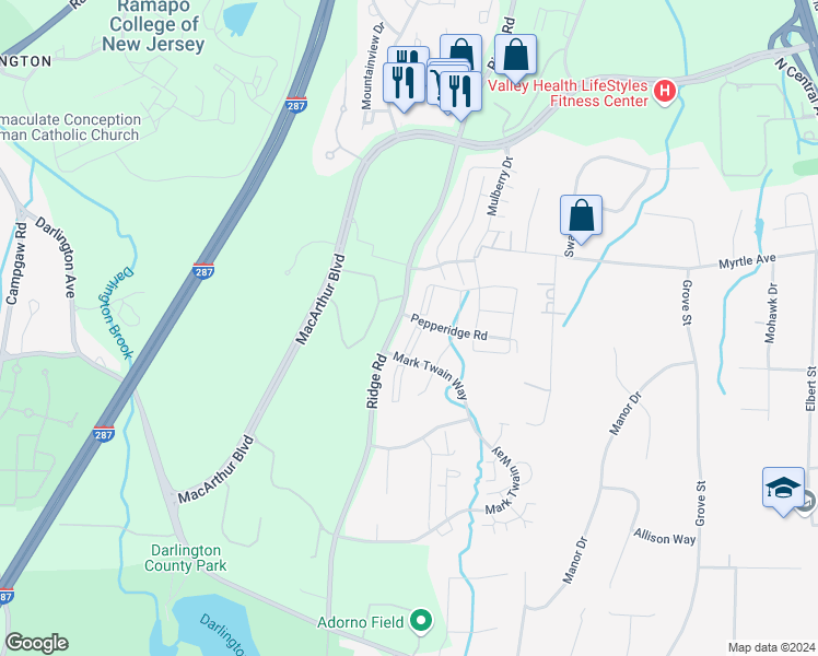 map of restaurants, bars, coffee shops, grocery stores, and more near 981 Juniper Way in Mahwah