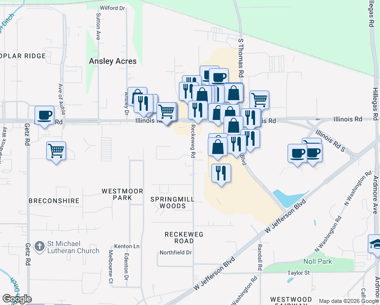 map of restaurants, bars, coffee shops, grocery stores, and more near 1406 Reckeweg Road in Fort Wayne