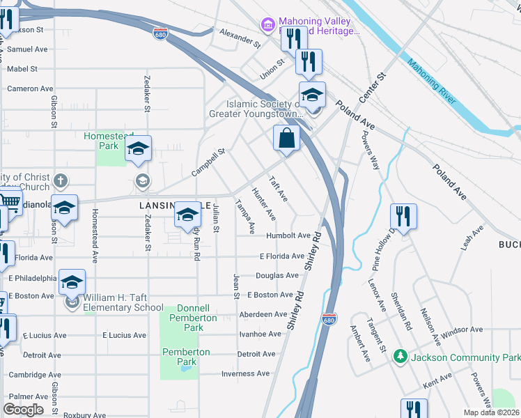 map of restaurants, bars, coffee shops, grocery stores, and more near 2641 Hunter Avenue in Youngstown