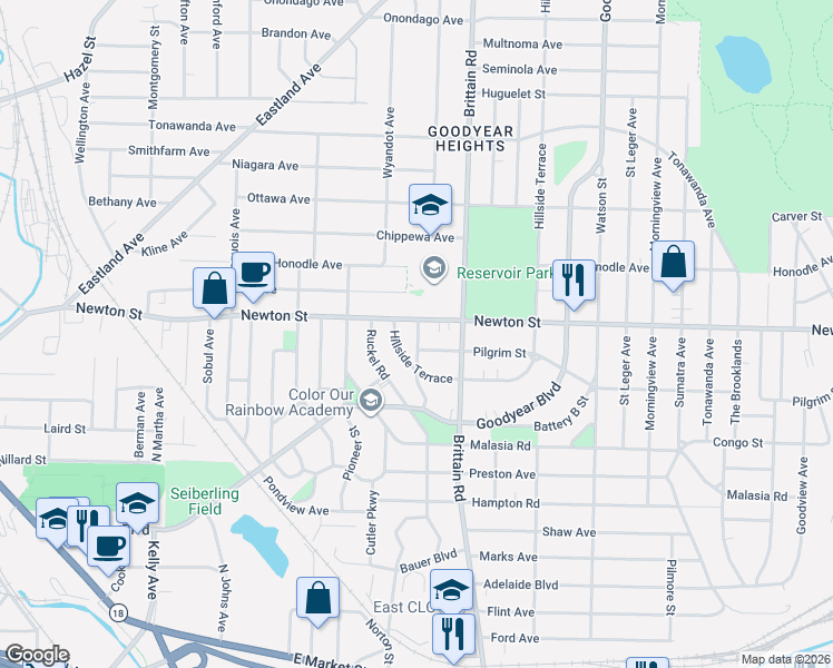 map of restaurants, bars, coffee shops, grocery stores, and more near 382 Litchfield Road in Akron