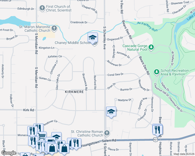 map of restaurants, bars, coffee shops, grocery stores, and more near 2698 Rexford Road in Youngstown