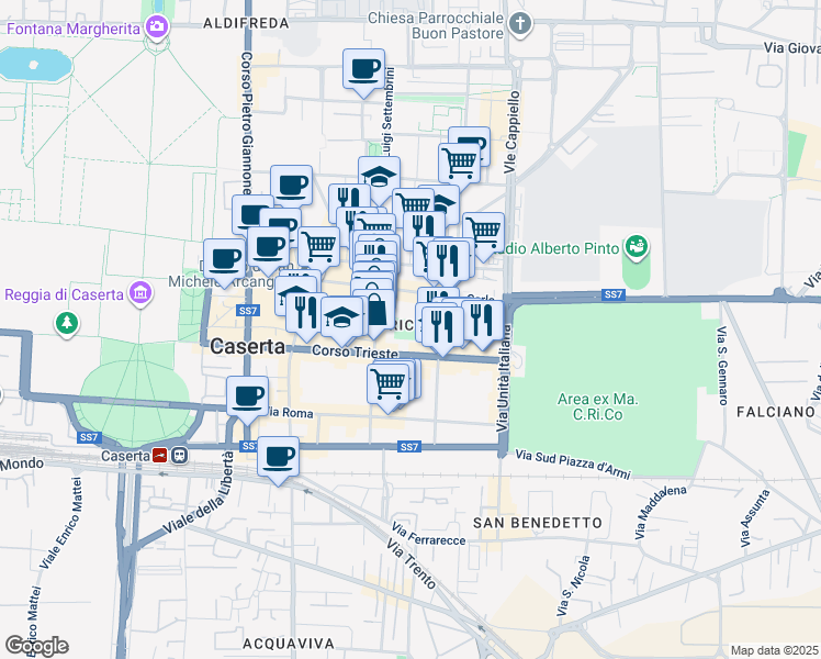 map of restaurants, bars, coffee shops, grocery stores, and more near Via Galileo Galilei in Caserta