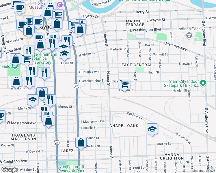 map of restaurants, bars, coffee shops, grocery stores, and more near 1422 Hanna Street in Fort Wayne