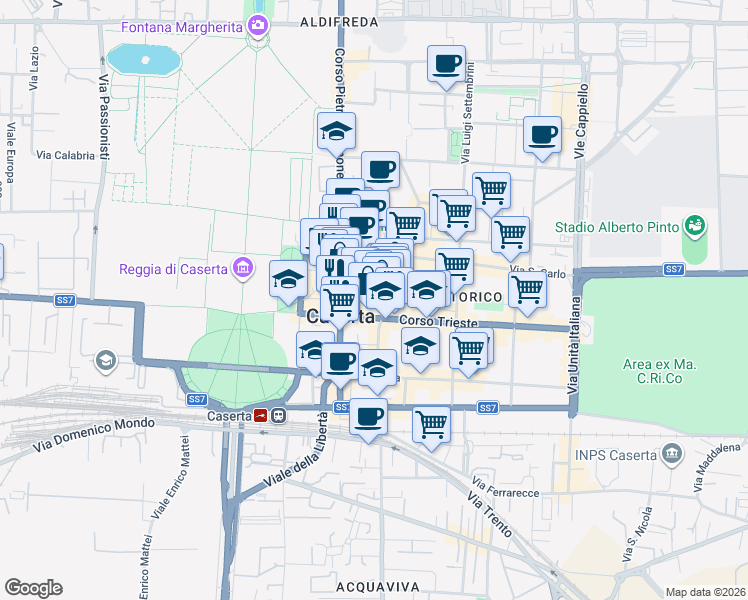 map of restaurants, bars, coffee shops, grocery stores, and more near 21 Via Sant'Agostino in Caserta
