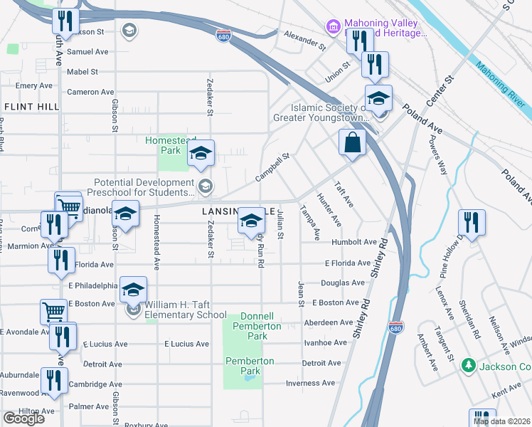 map of restaurants, bars, coffee shops, grocery stores, and more near 2705 Shady Run Road in Youngstown