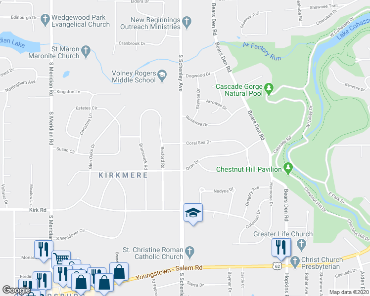 map of restaurants, bars, coffee shops, grocery stores, and more near 2701 South Schenley Avenue in Youngstown