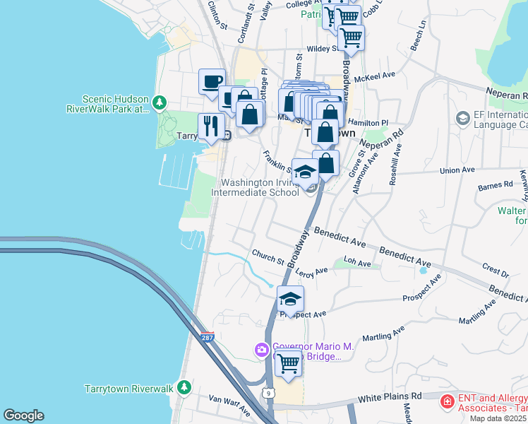 map of restaurants, bars, coffee shops, grocery stores, and more near 63 Riverview Avenue in Tarrytown