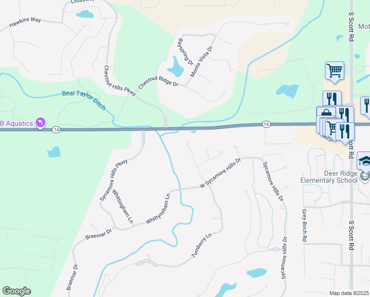 map of restaurants, bars, coffee shops, grocery stores, and more near 1312 Turnberry Lane in Fort Wayne