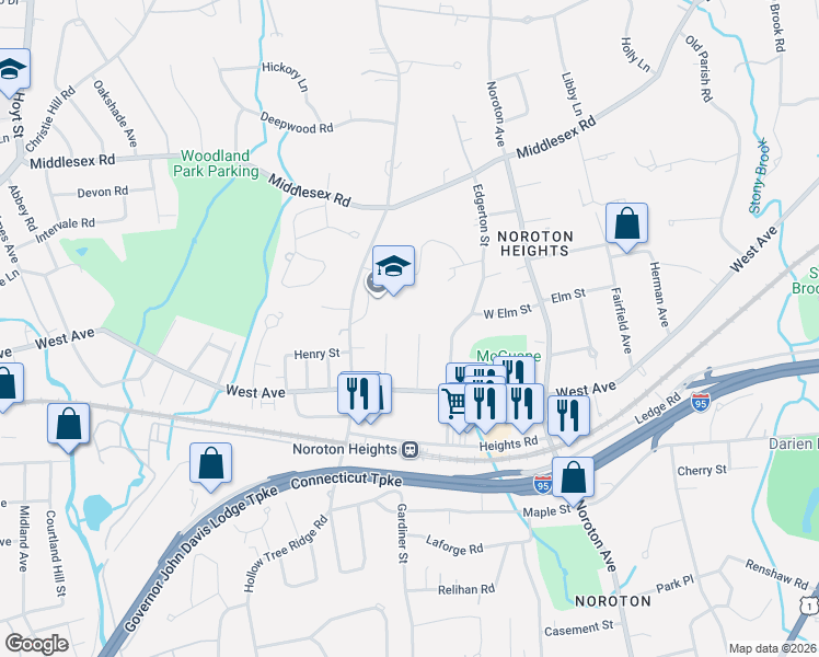 map of restaurants, bars, coffee shops, grocery stores, and more near 204 Hollow Tree Ridge Road in Darien
