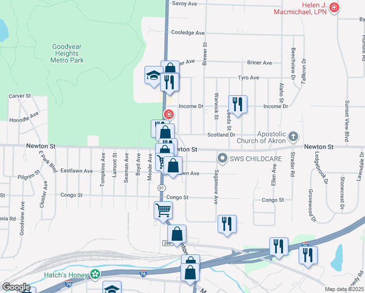 map of restaurants, bars, coffee shops, grocery stores, and more near 370 Newton Circle in Akron
