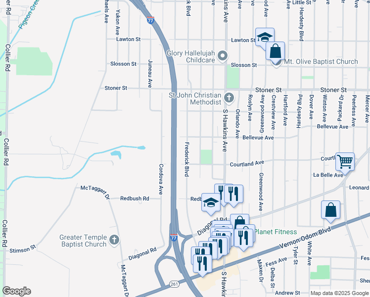 map of restaurants, bars, coffee shops, grocery stores, and more near 1329 Frederick Boulevard in Akron