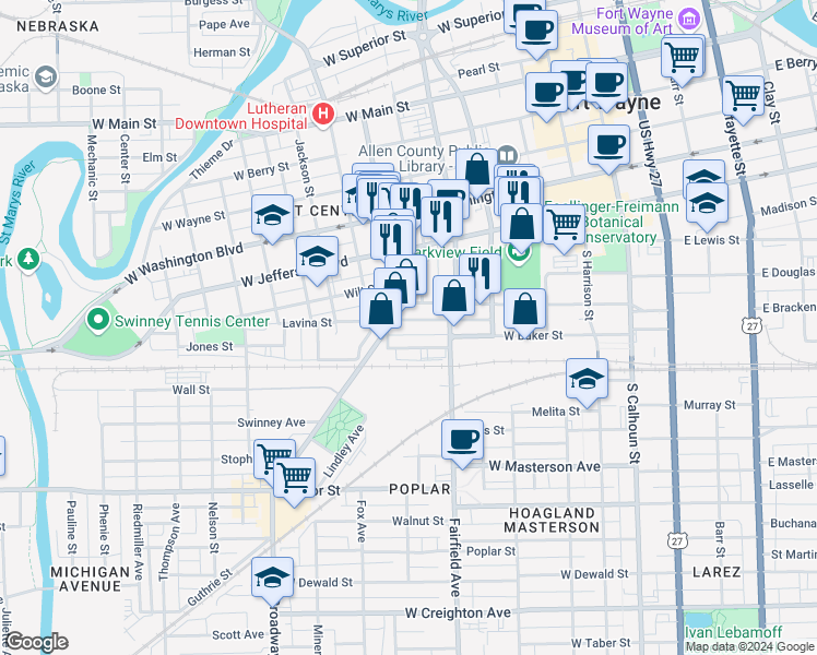 map of restaurants, bars, coffee shops, grocery stores, and more near 1313 Broadway in Fort Wayne