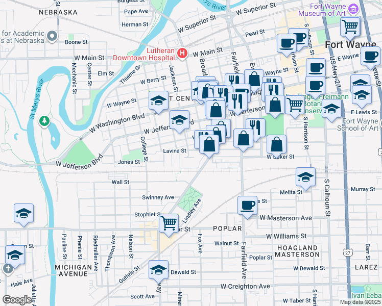 map of restaurants, bars, coffee shops, grocery stores, and more near 808 Lavina Street in Fort Wayne