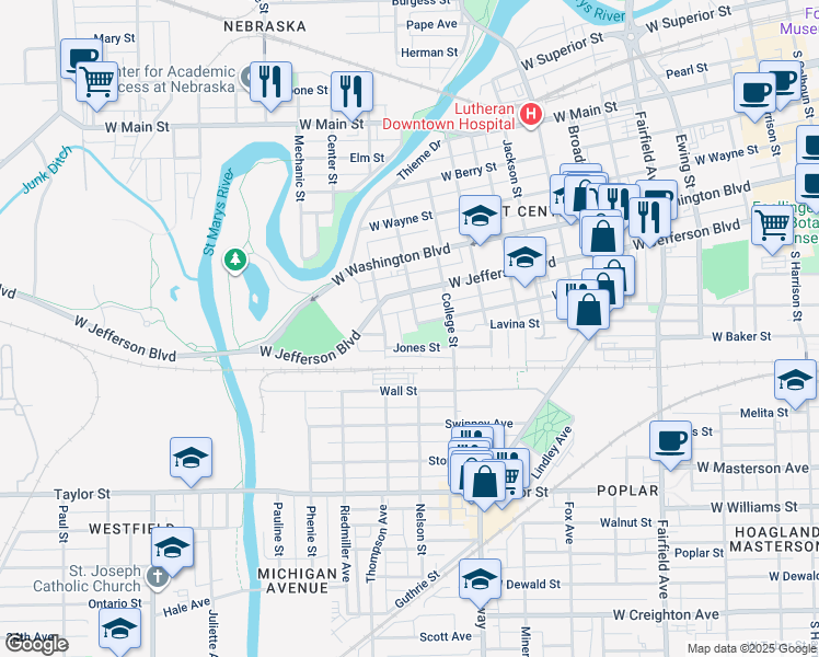 map of restaurants, bars, coffee shops, grocery stores, and more near 1124 Nelson Street in Fort Wayne